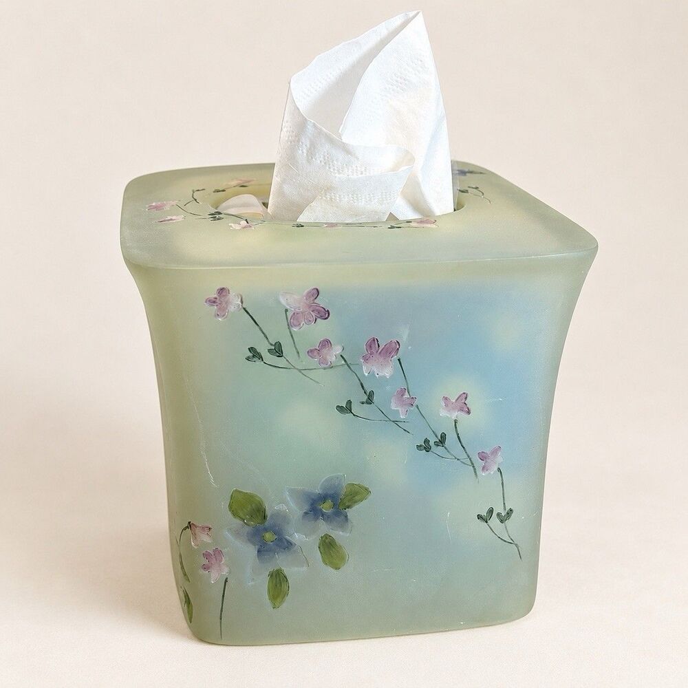Frosted Glass Hand-Painted Floral Square Tissue Box Cover Freestanding Bathroom
